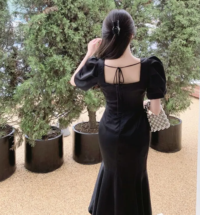 Puff-Sleeve Square-Neck Mermaid Dress,Vintage Black Prom Dress fg6494