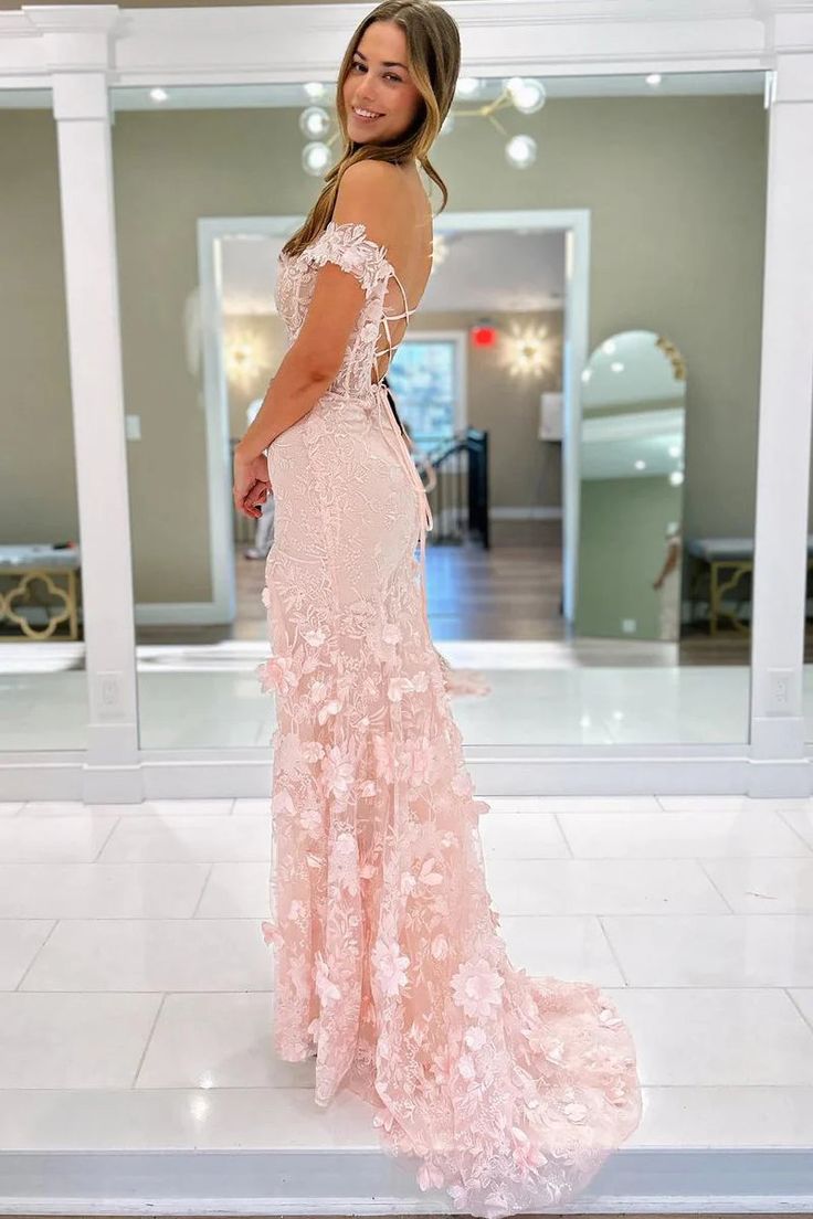 Off The Shoulder Floral Lace Long Prom Dress With Split