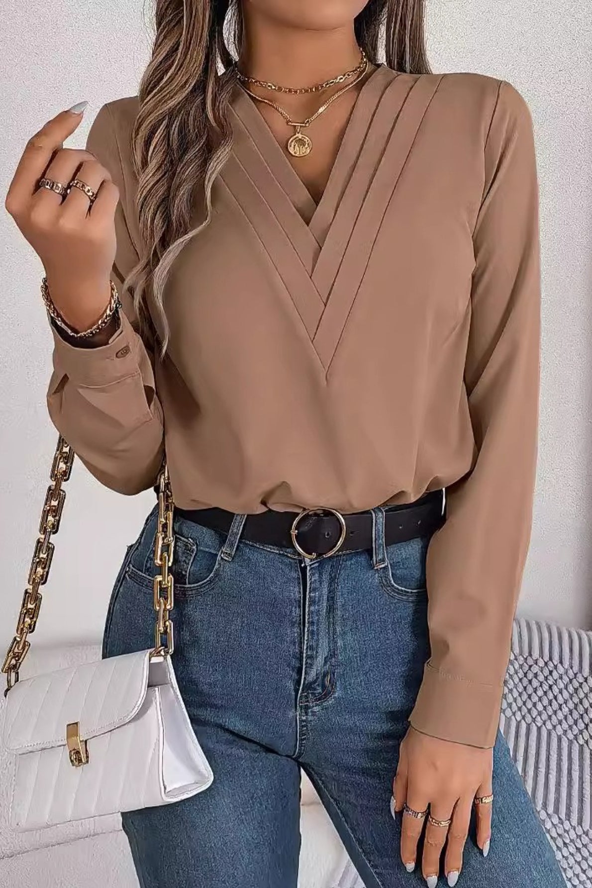 Solid Color Layered V Neck Elegant Long Sleeve Blouse