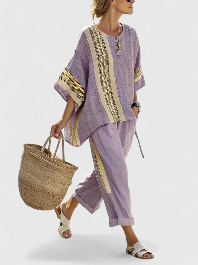 Striped Short Sleeve Top and Wide Leg Pants Two Piece Set