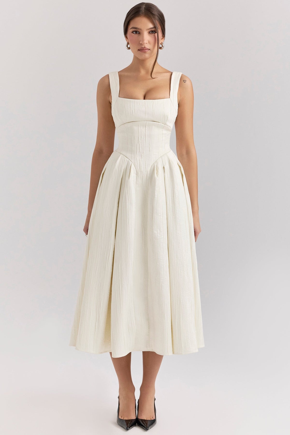Textured Satin Square Neck Corset Bodice Pleated A-Line Midi Dress