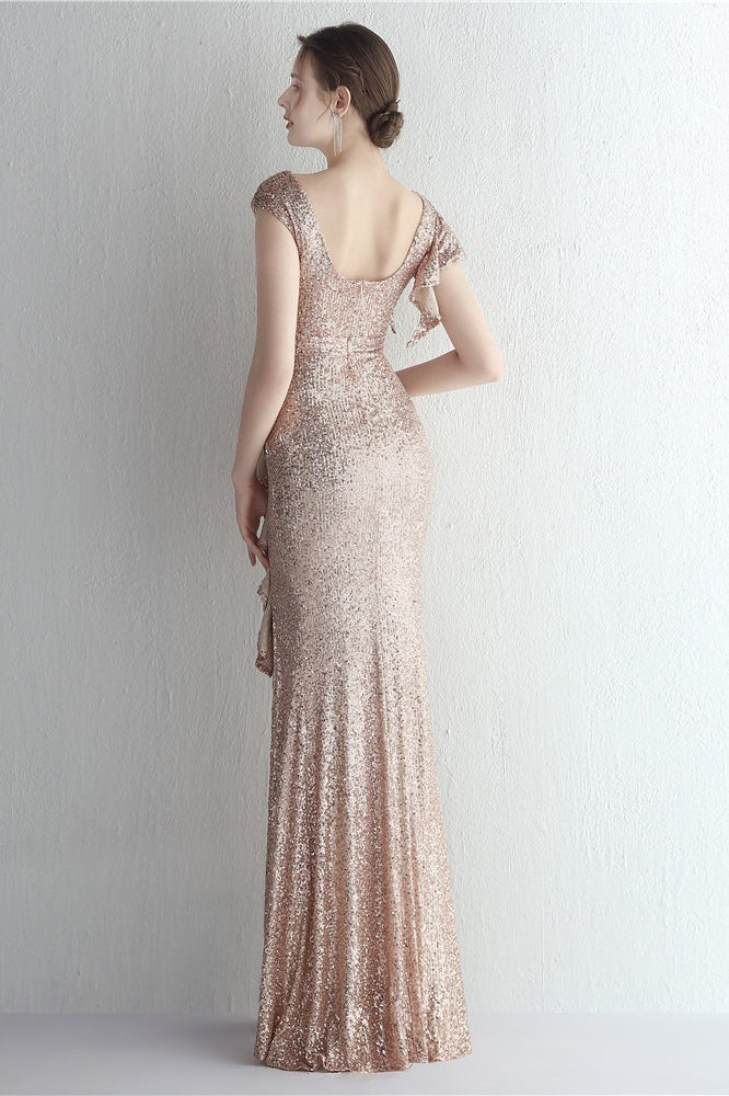 Sequin High Neck Cap Sleeve Ruffle High Split Mermaid Gown - View 6