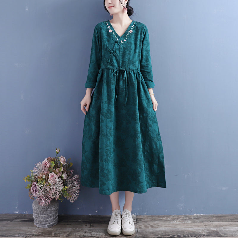 Jacquard Floral Embroidery Frog Button Wrap V-Neck Tie Waist Midi Dress