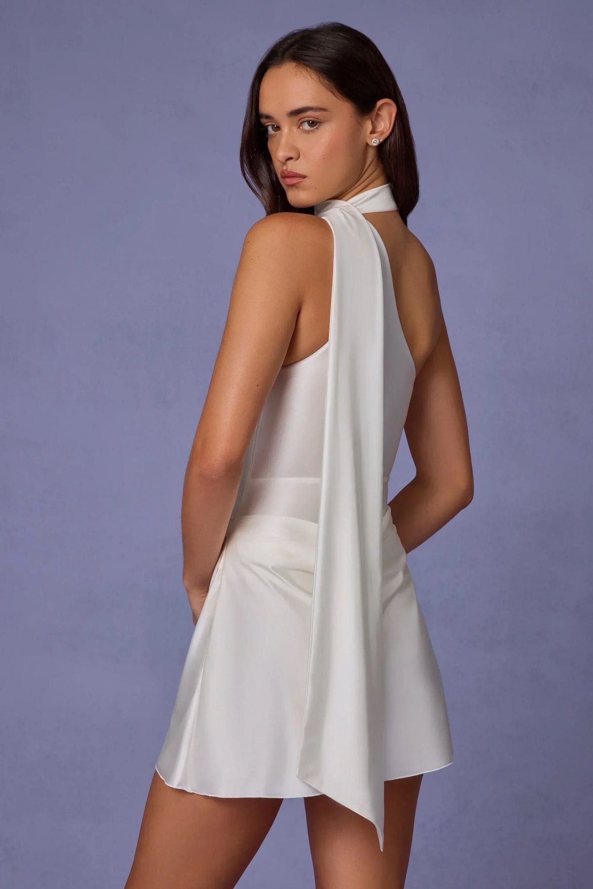 Asymmetric Scarf-Detail Mini Dress in White