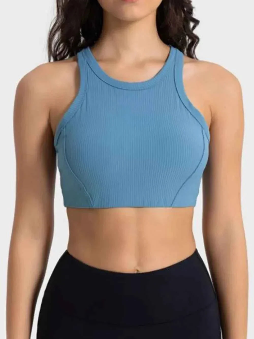 Ribbed Round Neck Wide Strap Cropped Sport Tank Top 10