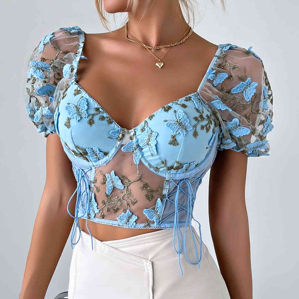 Butterfly Whispers Embroidery Charming Mesh Corset Top Blue / S