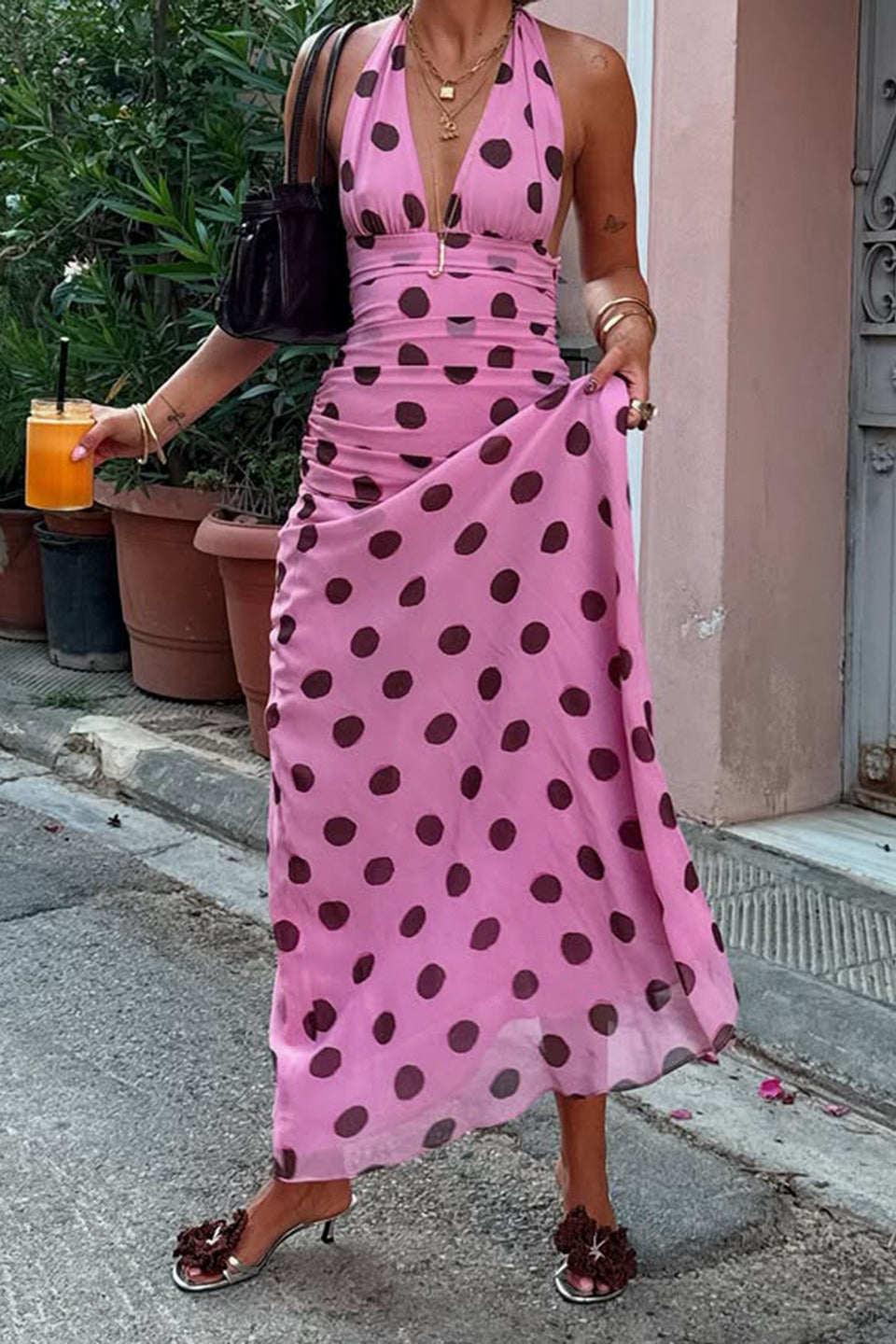 Polka Edition Dot Halter VNeck Color Block Bodycon Maxi Dress