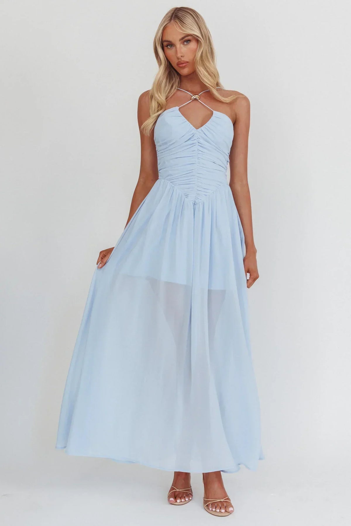 Chiffon Halter Ruched Bodice Basque Waist A-Line Maxi Dress