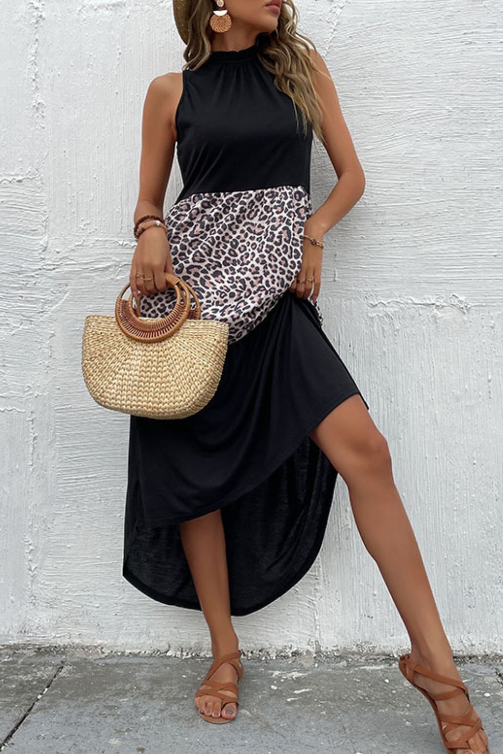 Leopard Print Colorblock Mock Neck Sleeveless High Low Midi Dress 2
