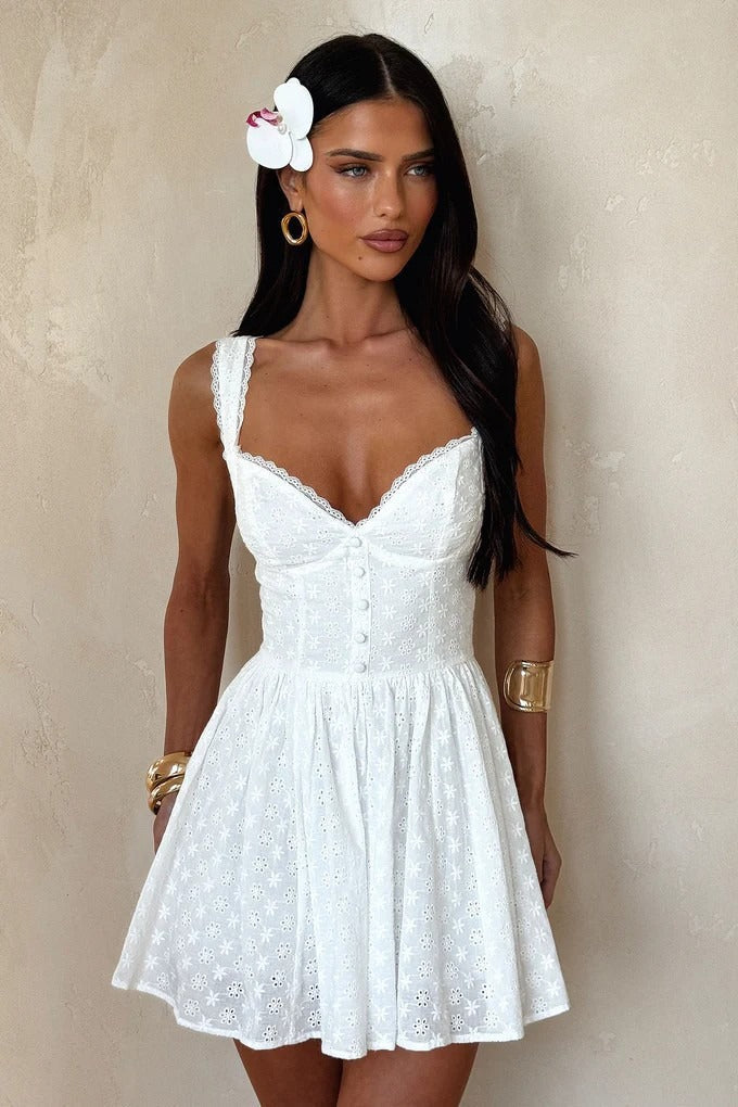 Lace Trim Printed Cami Fit Mini Lace Dress