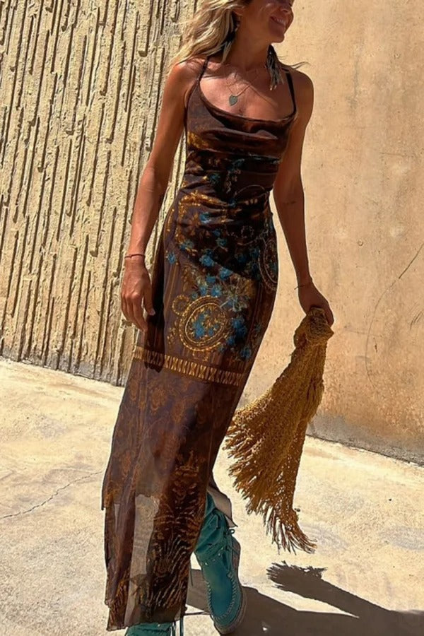 Backless Lace Up Fringe High Split Boho Maxi Dress