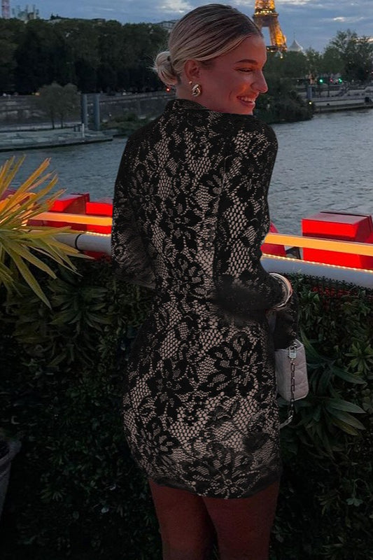 Lace Mock Neck Keyhole Cut Out Flare Sleeve Bodycon Mini Dress