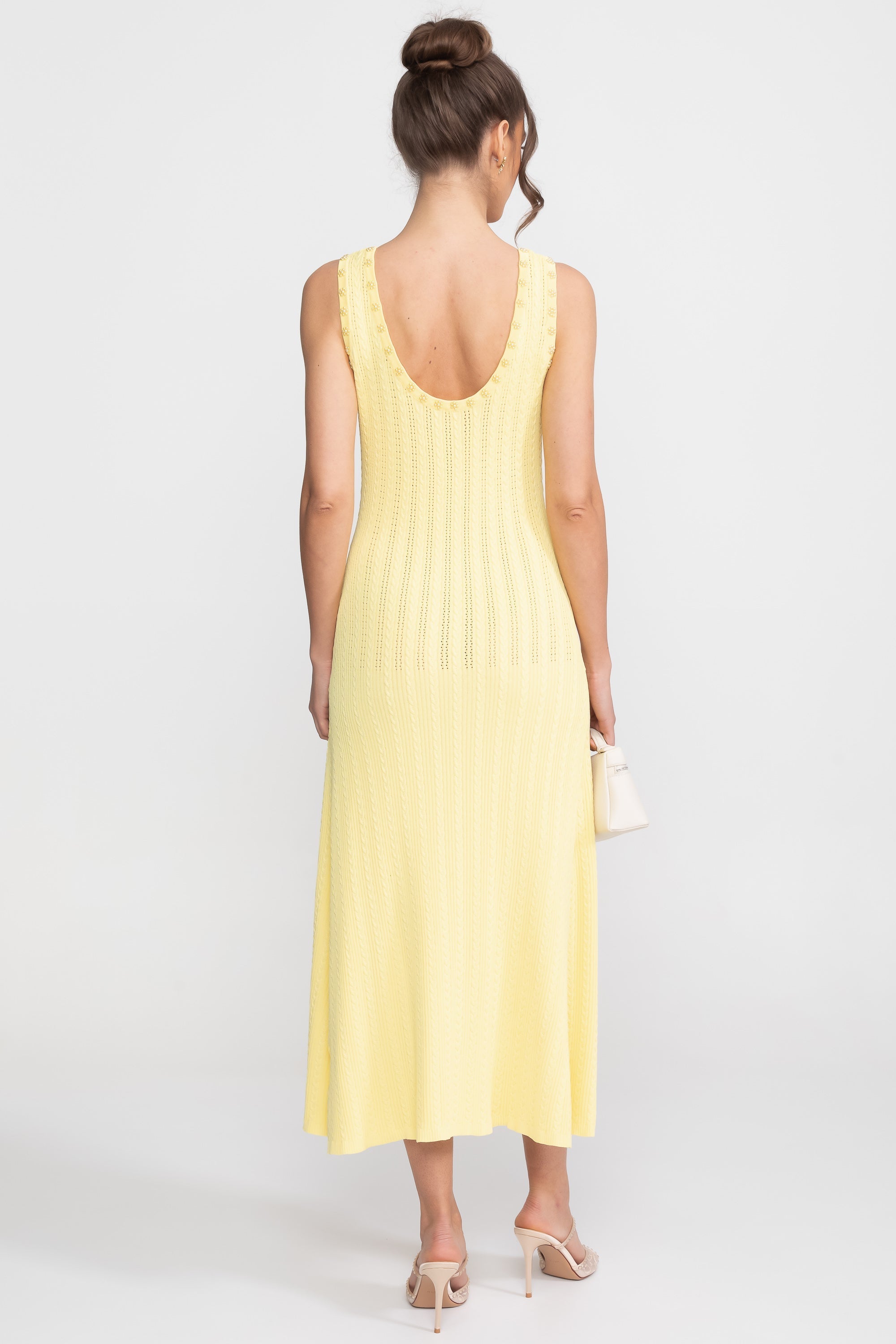 Ribbed Knit Dress and Cardigan Set With Pearl Button Detailing - Yellow