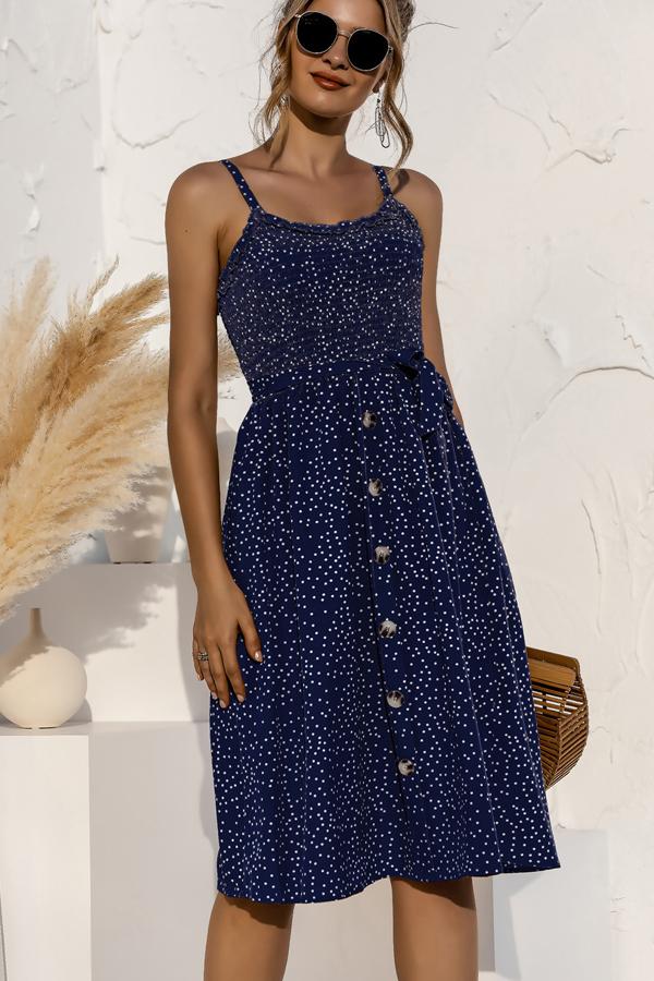 Smocked Chest Polka Dot Prints Cute Dress