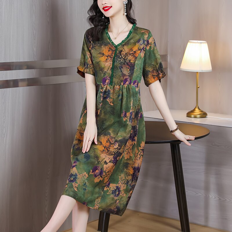 Floral Print V-Neck Short Sleeve Empire Waist Midi Dress