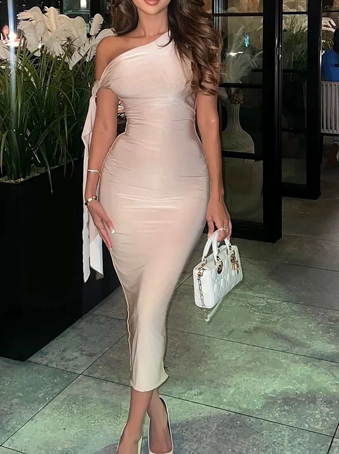 One Shoulder Tie Sleeve Ruched Bodycon Midi Dress