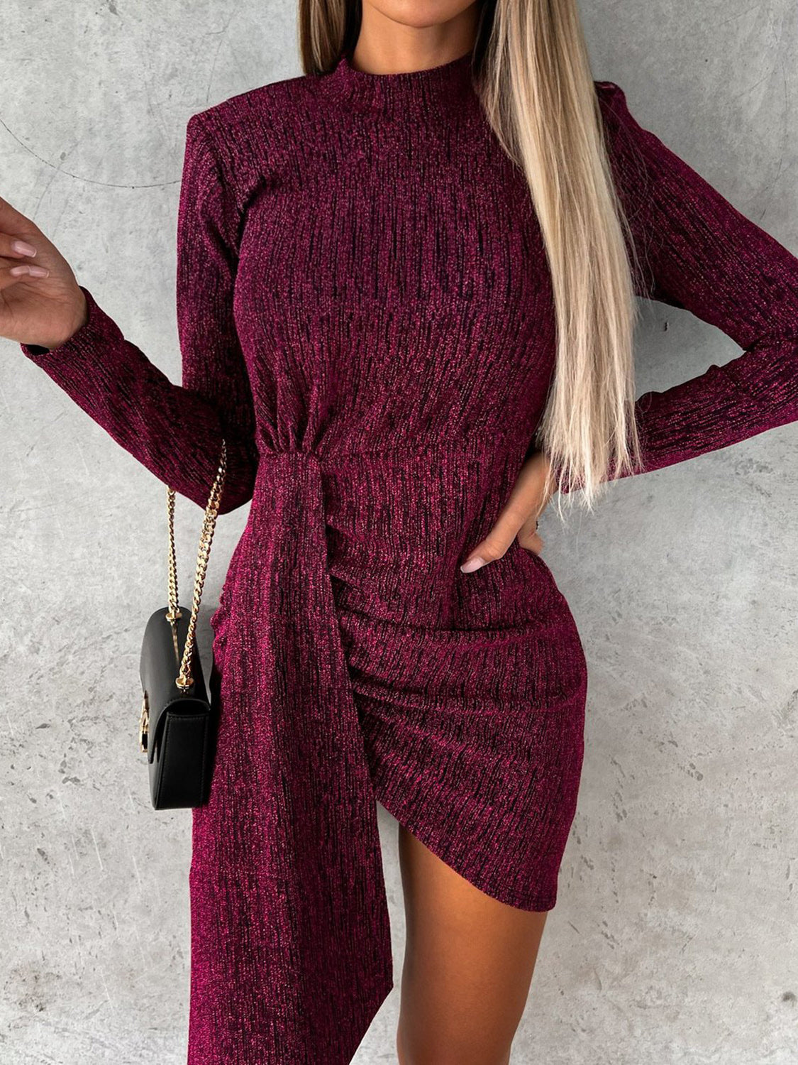 Glitter Knit Mock Neck Long Sleeve Ruched Wrap Mini Dress 5