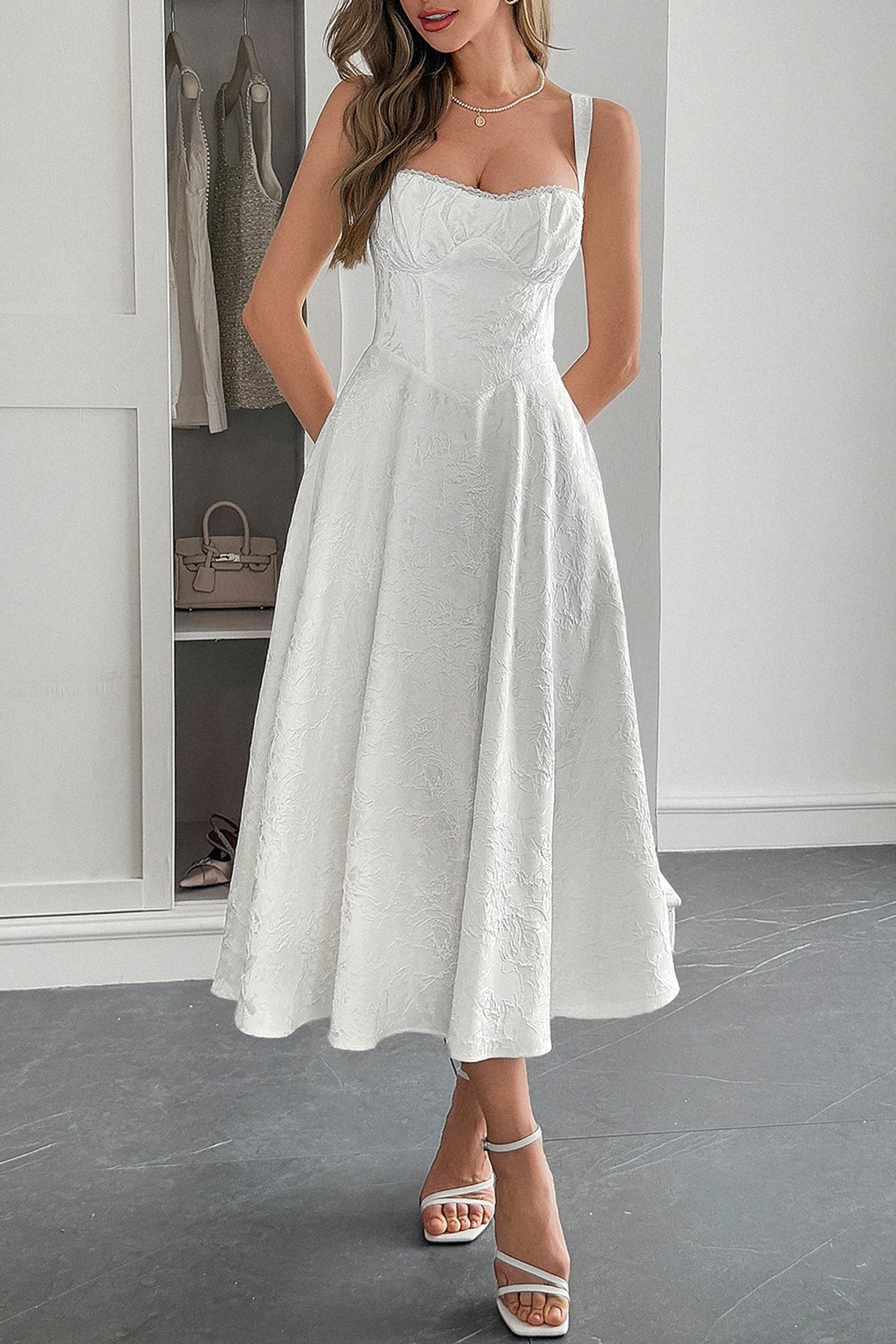 Jacquard Sweetheart Lace Trim Corset Bodice Pocket A-Line Midi Dress