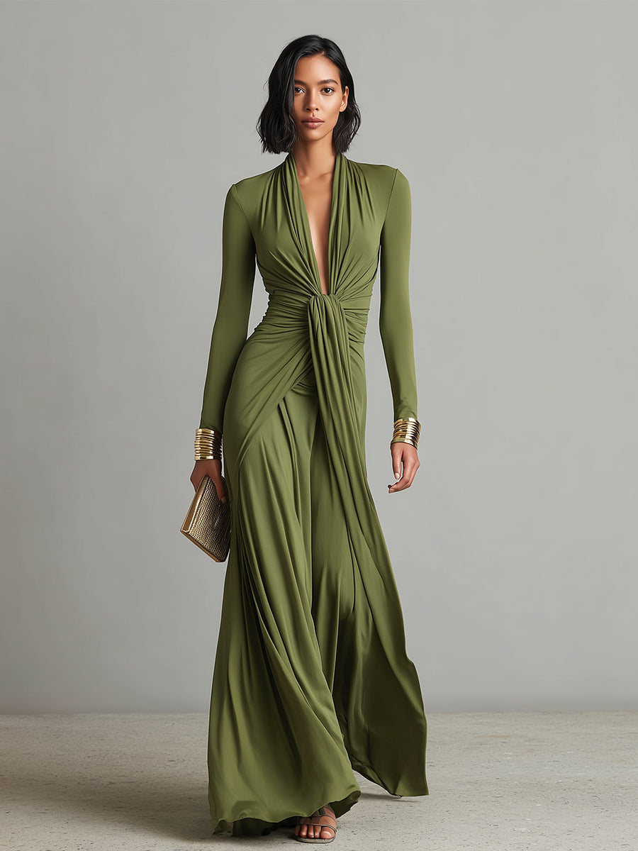 Deep V-Neck Long Sleeve Ruched Draped Maxi Dress Formal