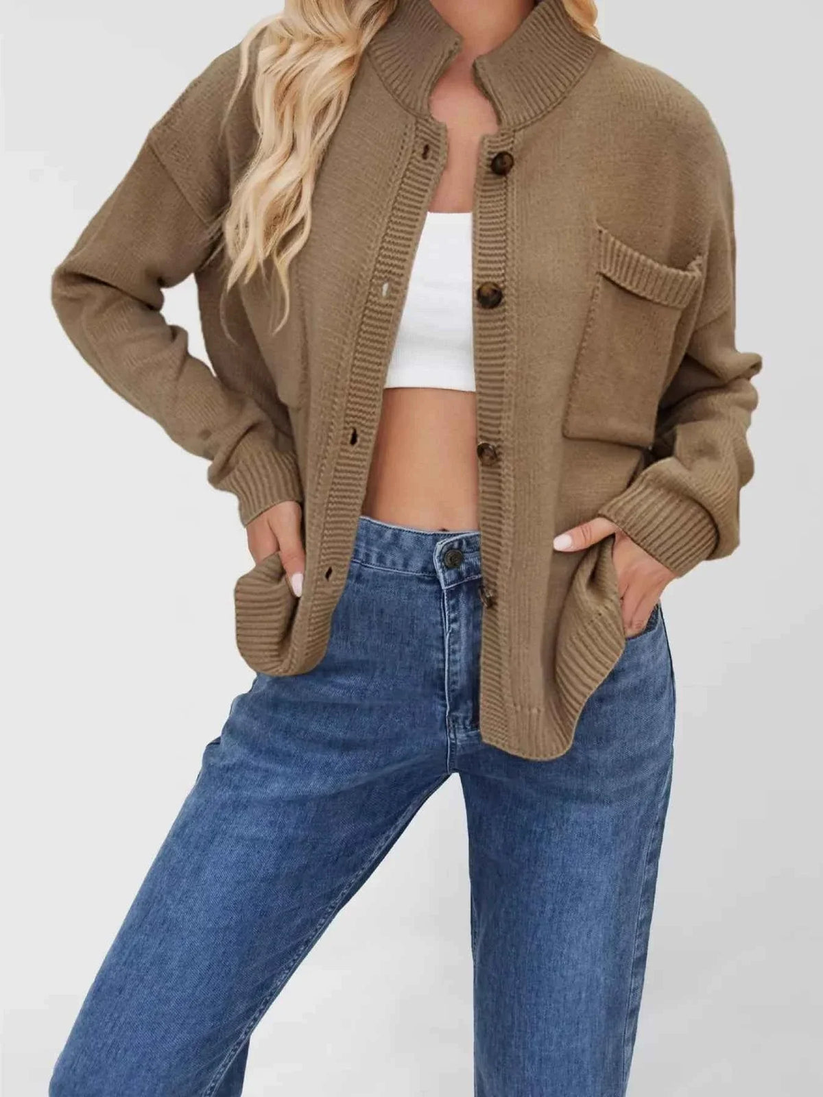 Mock Neck Button Front Dropped Shoulder Pocket Knit Cardigan 8