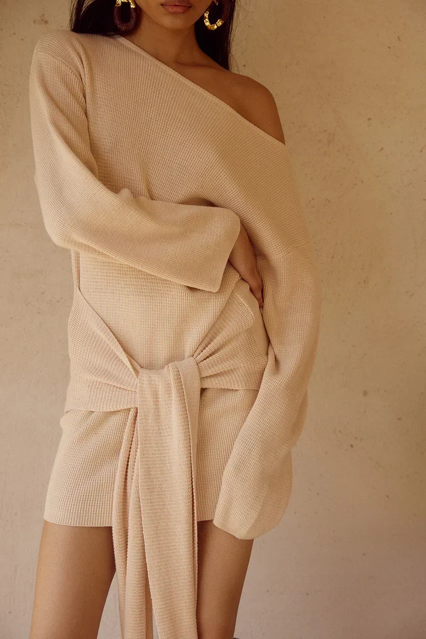 Waffle Knit Off Shoulder Long Sleeve Tie Front Sweater Mini Dress 3