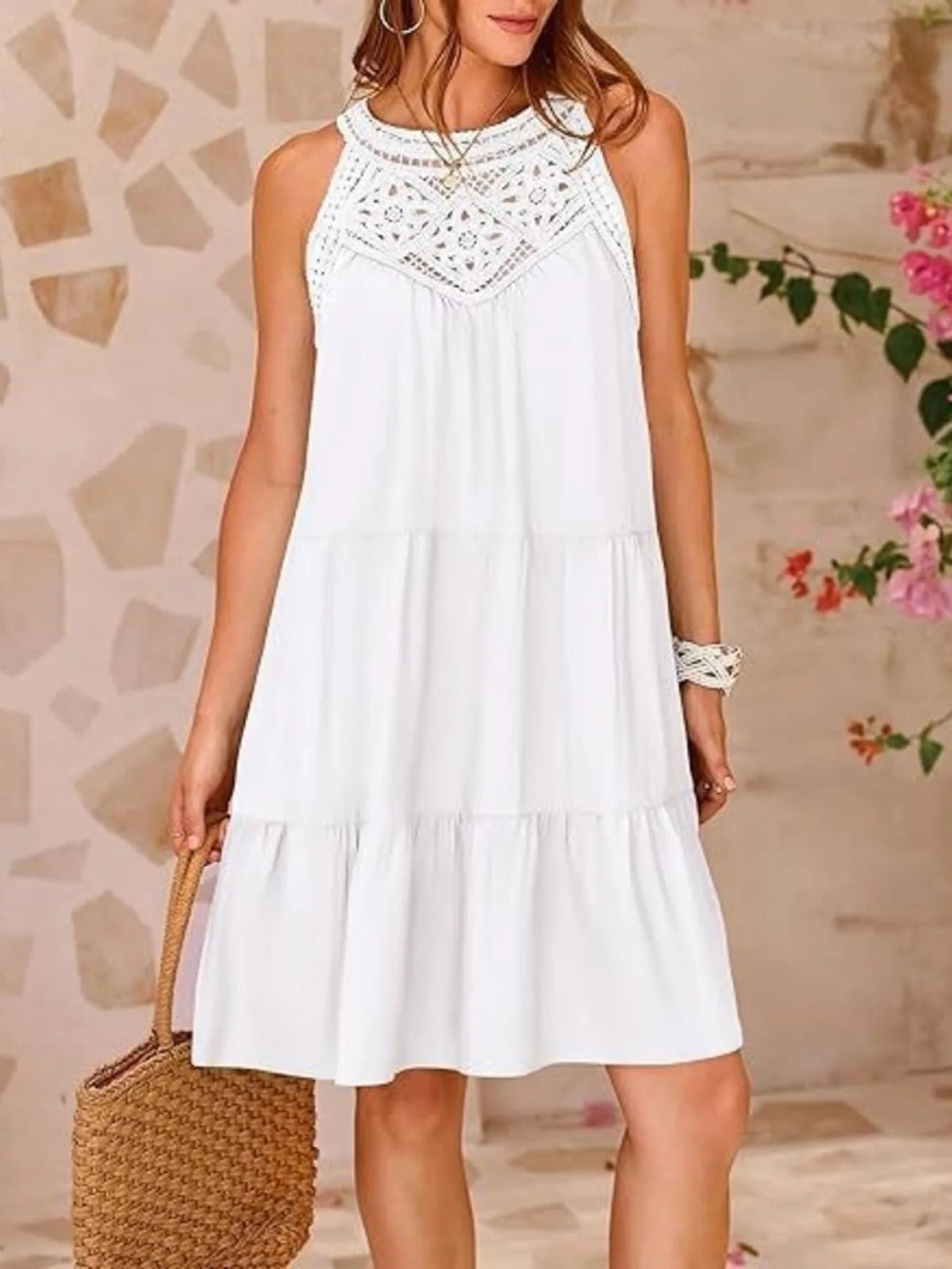 Halter Neck Crochet Lace Yoke Sleeveless Tiered Mini Dress 3