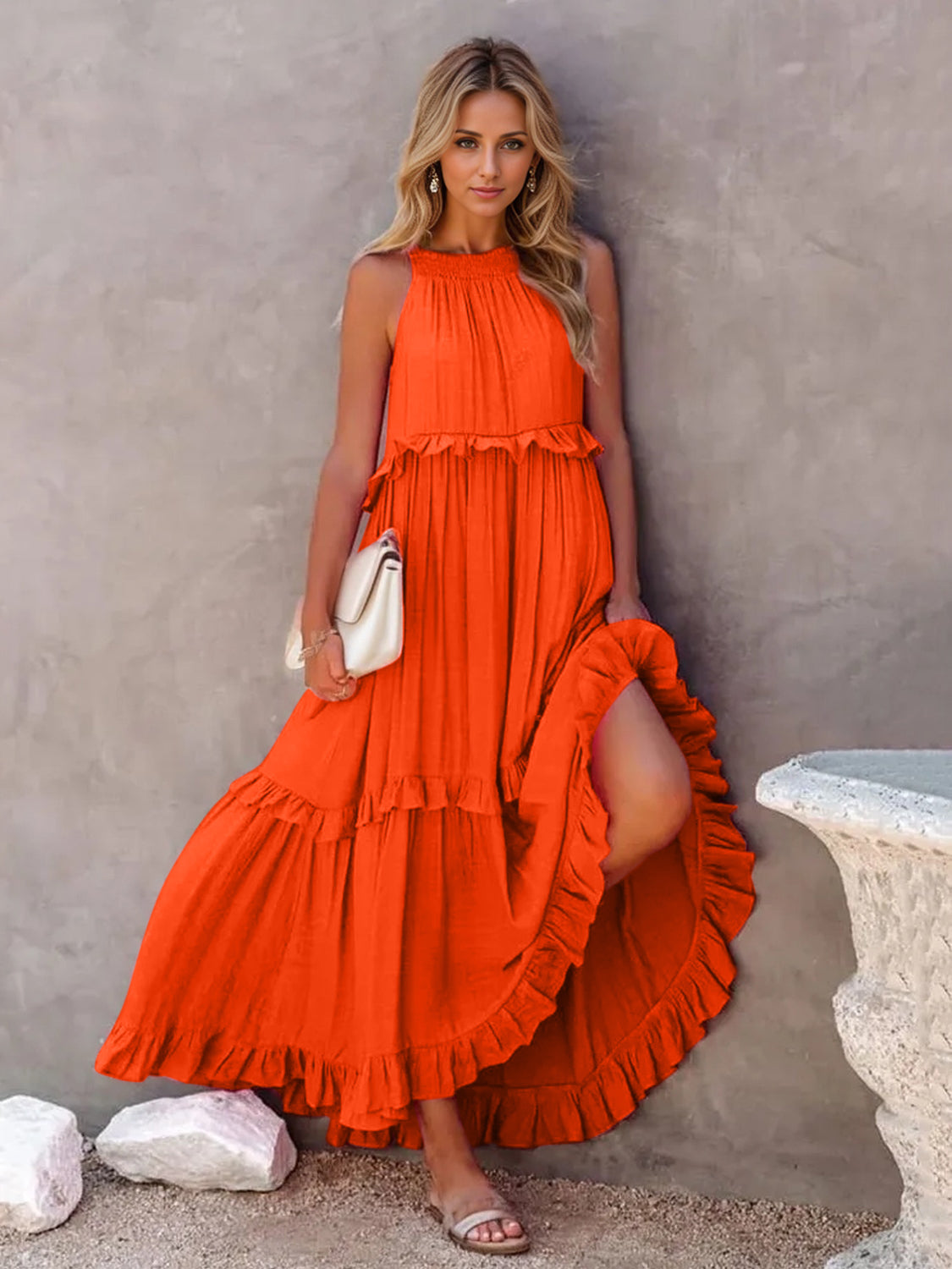 Halter Neck Sleeveless Ruffle Trim Tiered Maxi Dress with Pockets 28