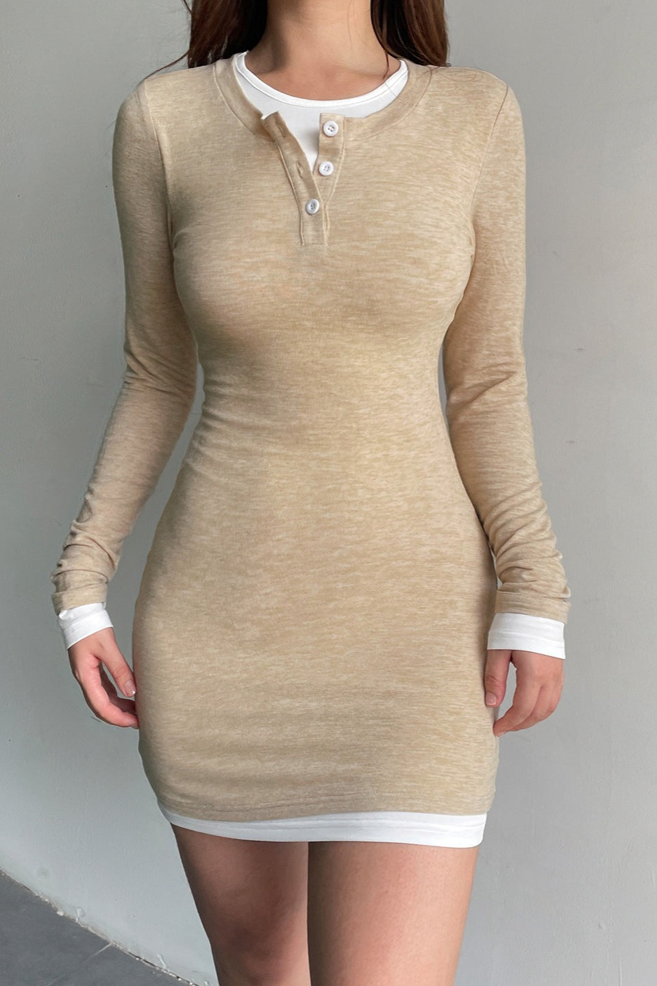 Henley Neck Layered Knit Bodycon Dress