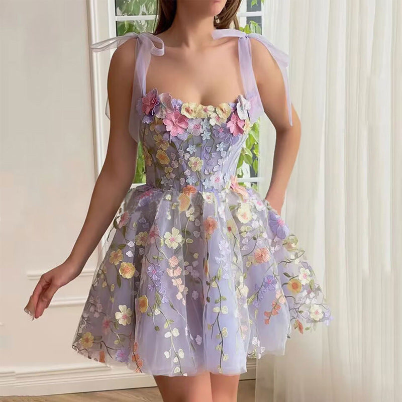 Floral Applique Tie Strap Corset Tulle A-Line Mini Dress