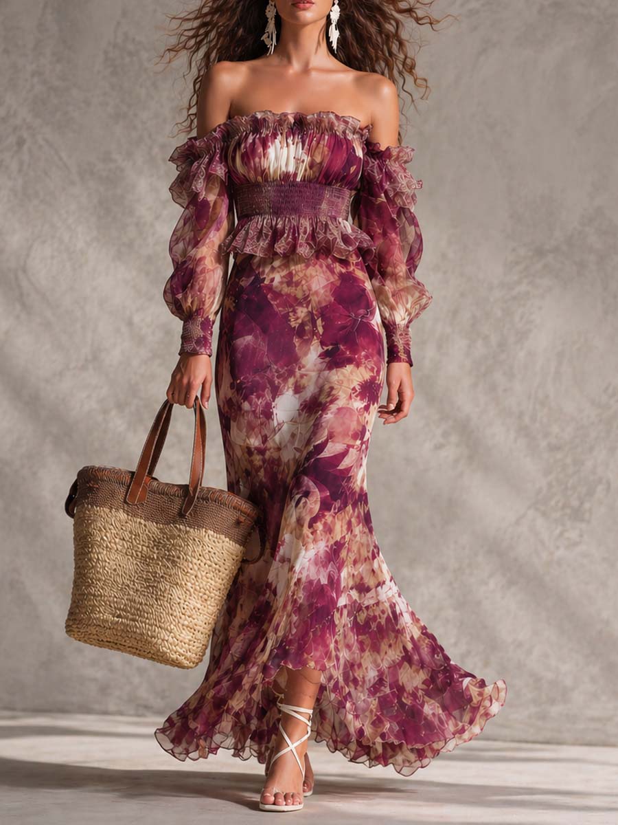 Floral Organza Off Shoulder Ruffle Smocked Mermaid Maxi Dress