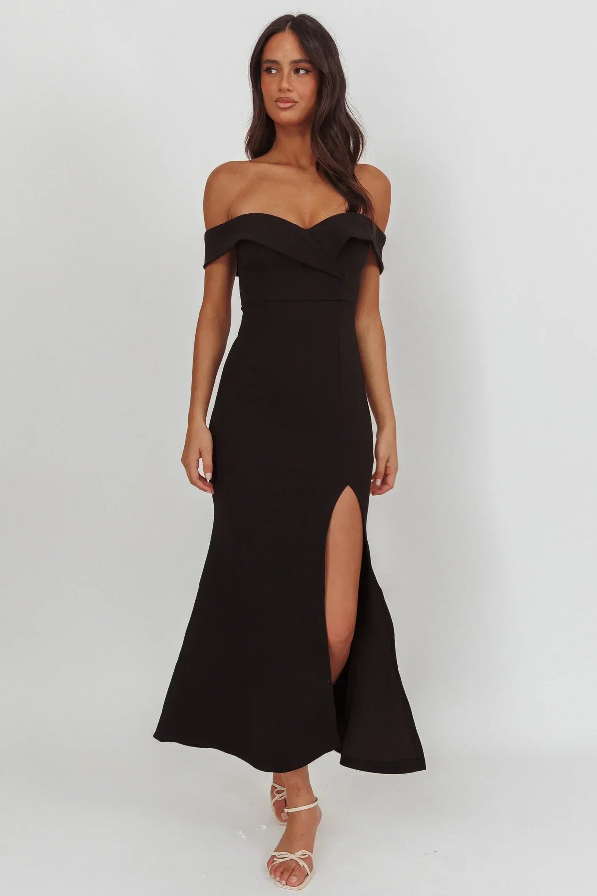 Off Shoulder Sweetheart Fitted Maxi Dress with High Split