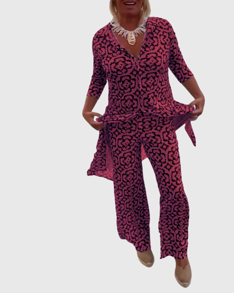 Geometric Print Tunic Top and Pants Two Piece Set