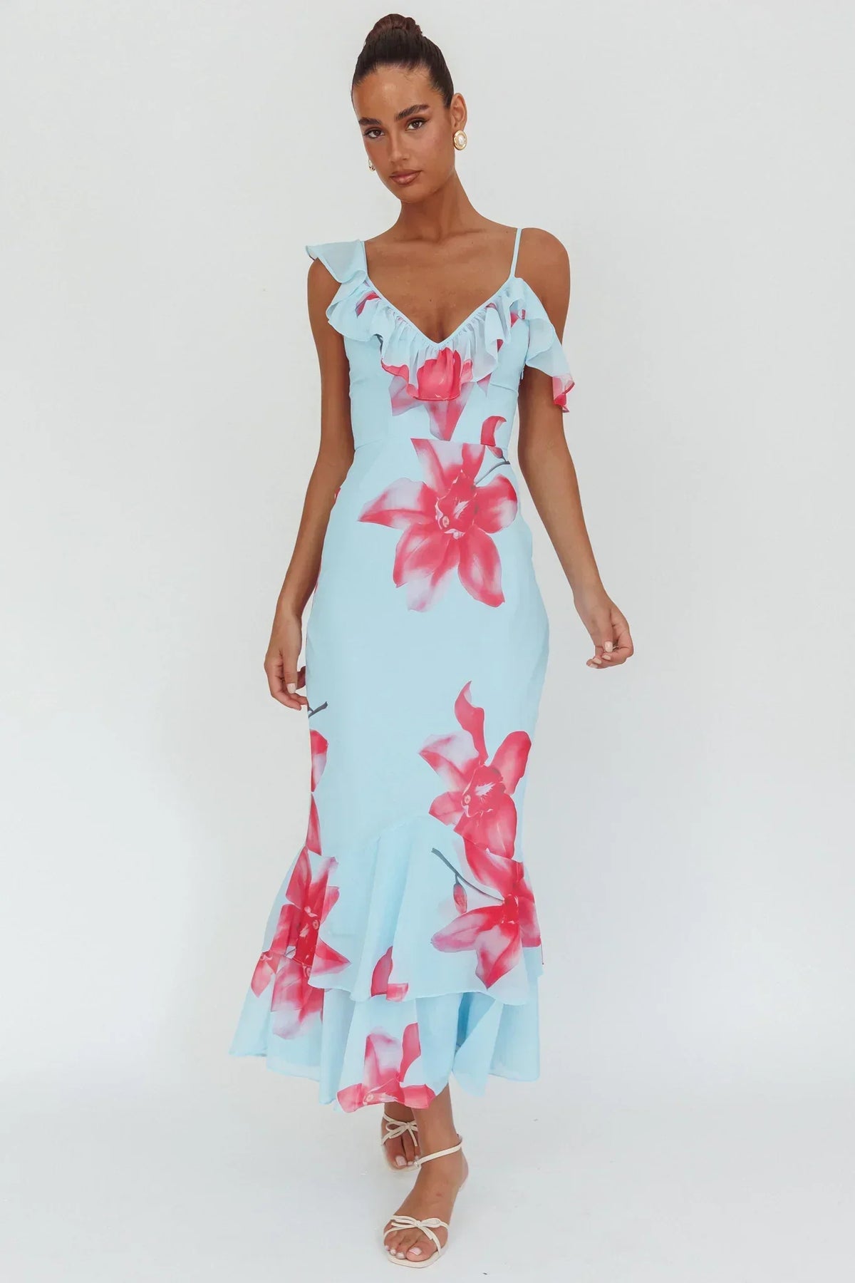 Floral Print Chiffon Ruffle Trim V-Neck Asymmetric Strap Mermaid Maxi Dress 4