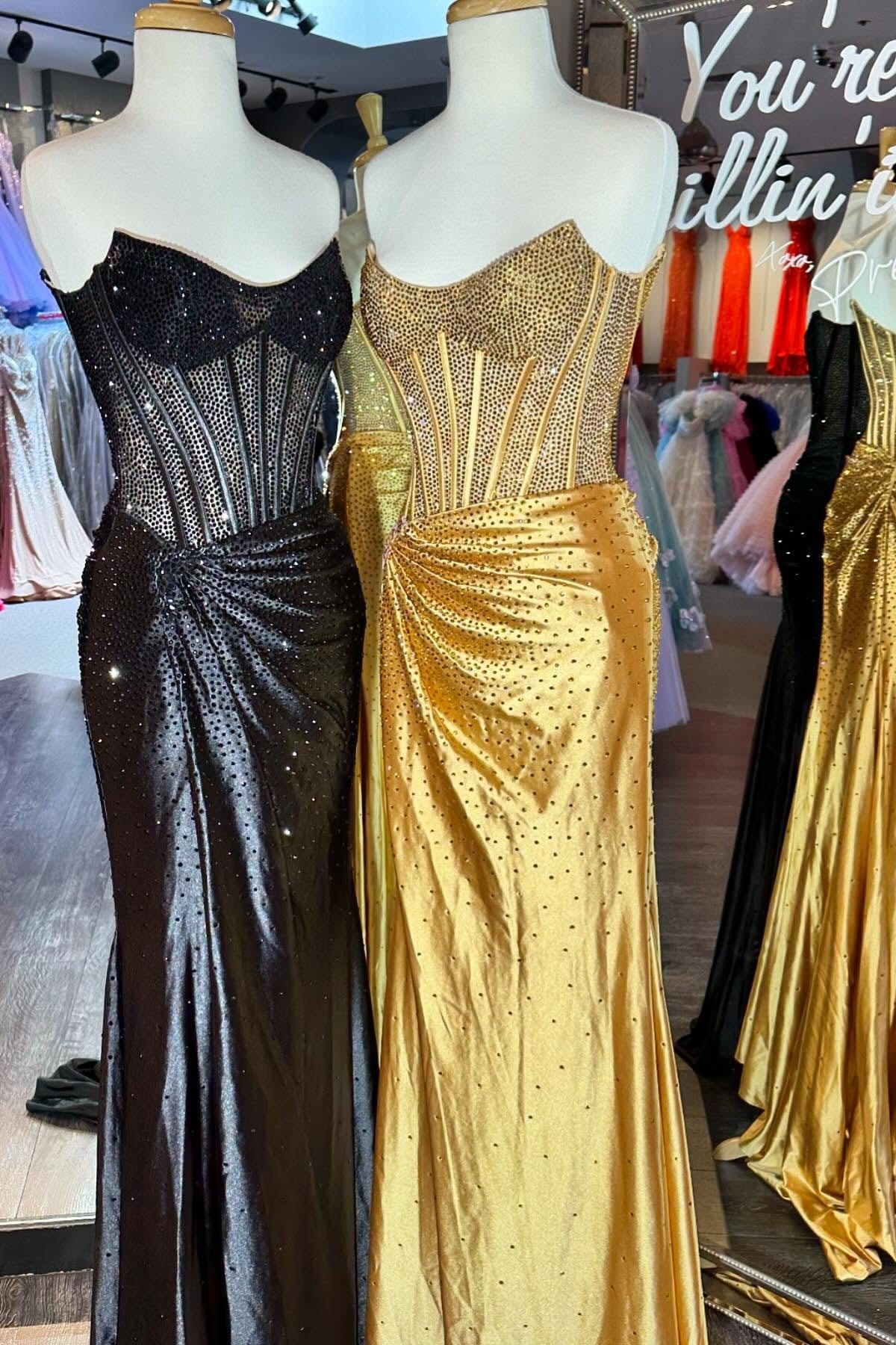 Gorgeous Gold Mermaid Strapless Long Beaded Prom Dress With High Slit