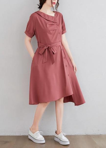 Asymmetric Collar Button Front Pocket Tie Belt Stepped Hem Short Sleeve A-Line Dress