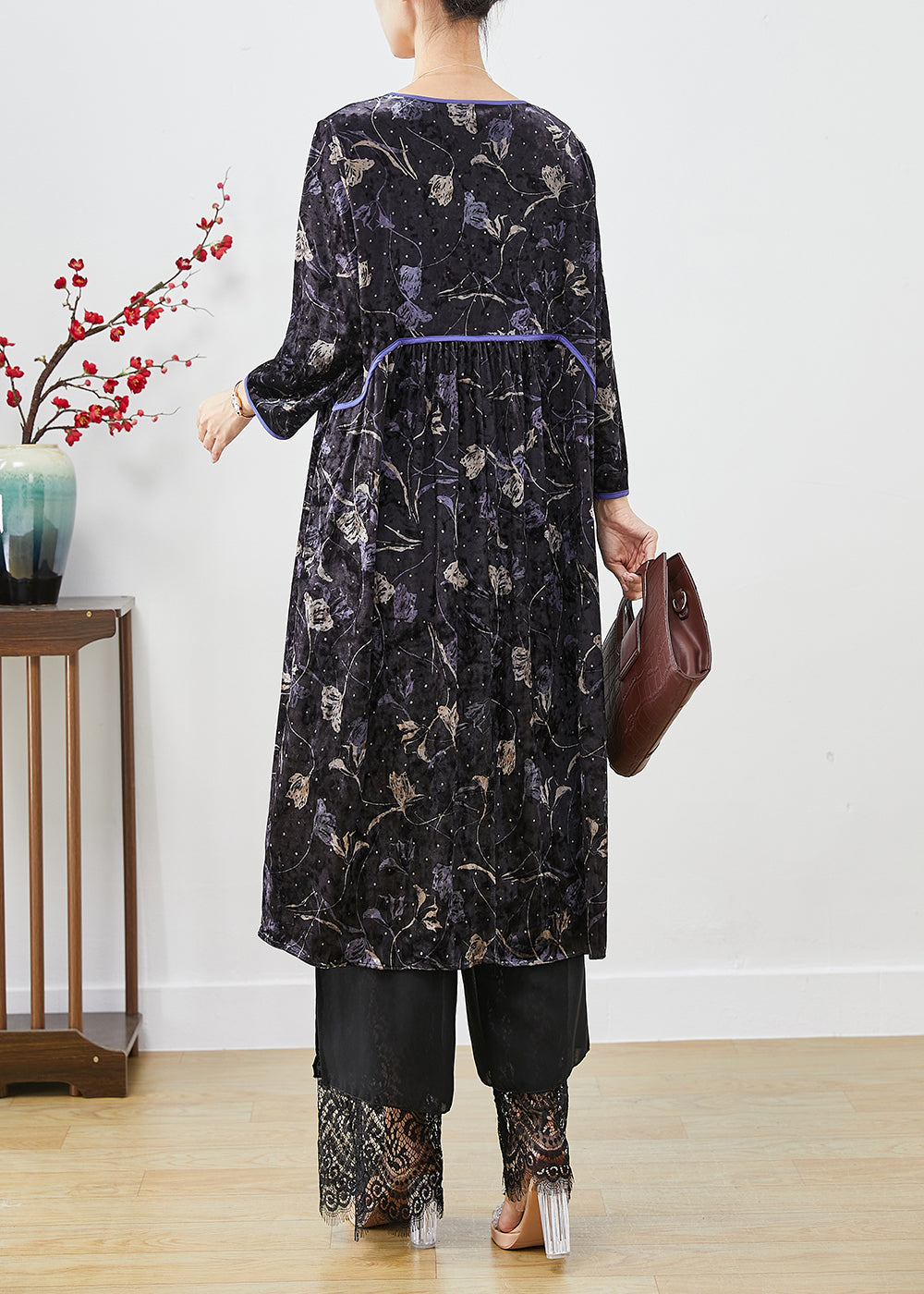 Velvet Floral Print Empire Waist Long Sleeve Dress Lace Hem Wide Leg Pants Two Piece Set