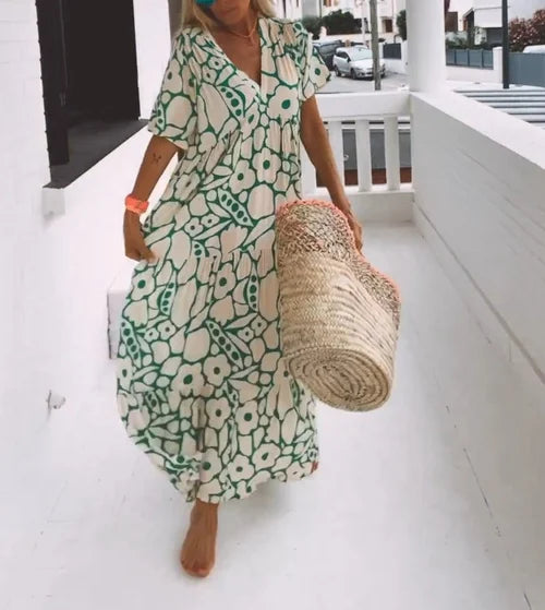 Floral Print V-Neck Short Sleeve Tiered Ruffle Maxi Summer Dress