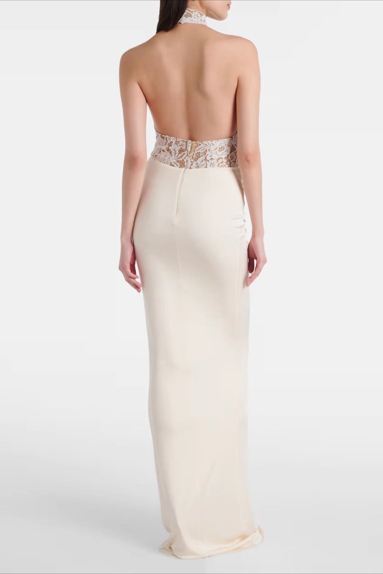 Floral Lace Halter Neck Backless High Split Satin Maxi Prom Gown