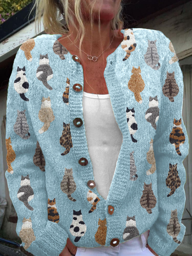Cat Print Button Front Chunky Knit Cardigan