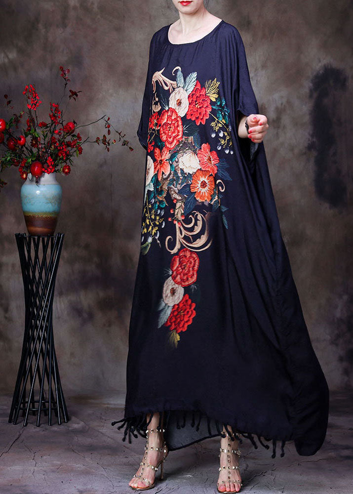 Vertical Floral Embroidery Batwing Sleeve Round Neck Tassel Hem Caftan Maxi Dress