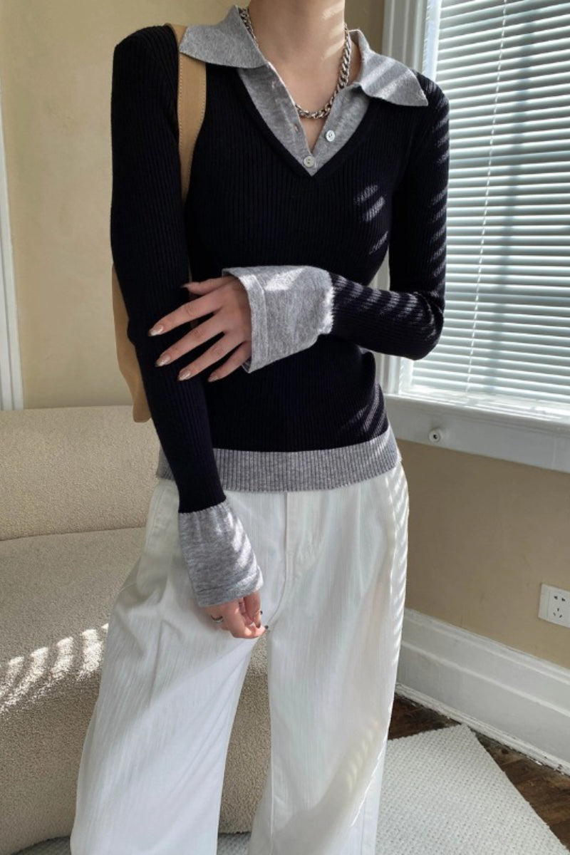 Polo Collar Faux Two Piece Contrast Trim Ribbed Knit Sweater