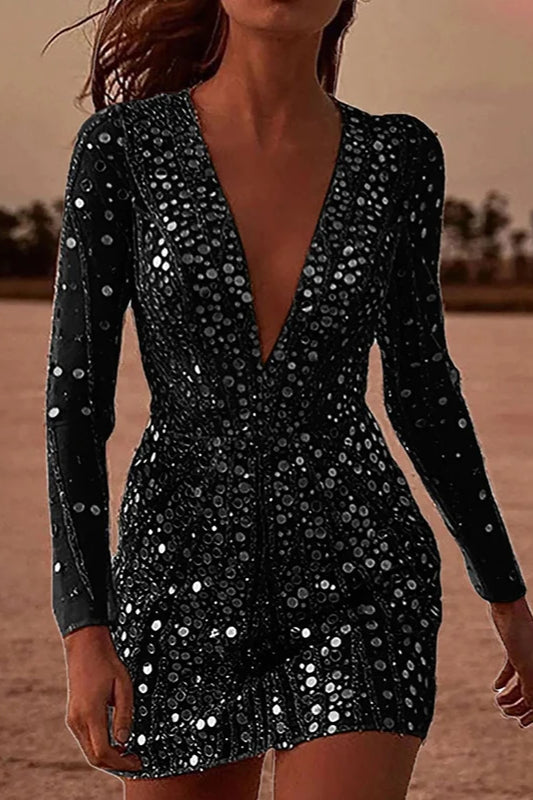Sequin Deep V-Neck Midi Dress - View 3