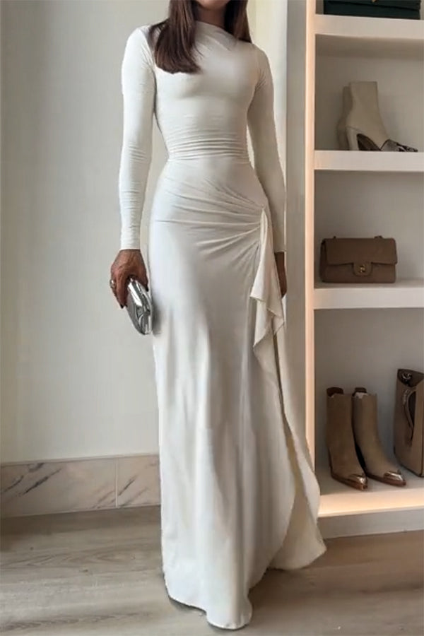 Long Sleeve High Neck Ruched Side Ruffle Slit Maxi Dress