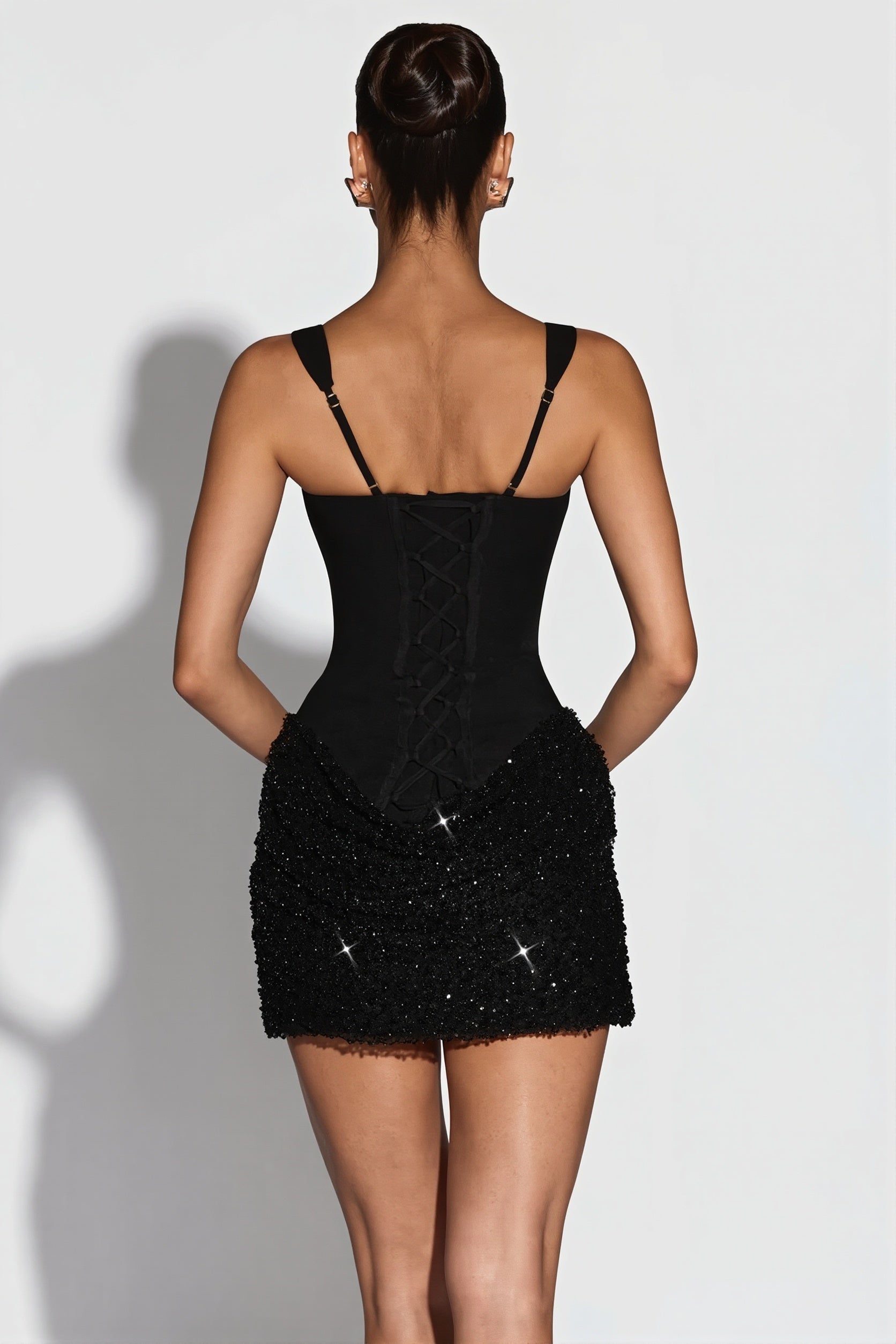 Sequin Square Neck Spliced Bodycon Mini Dress