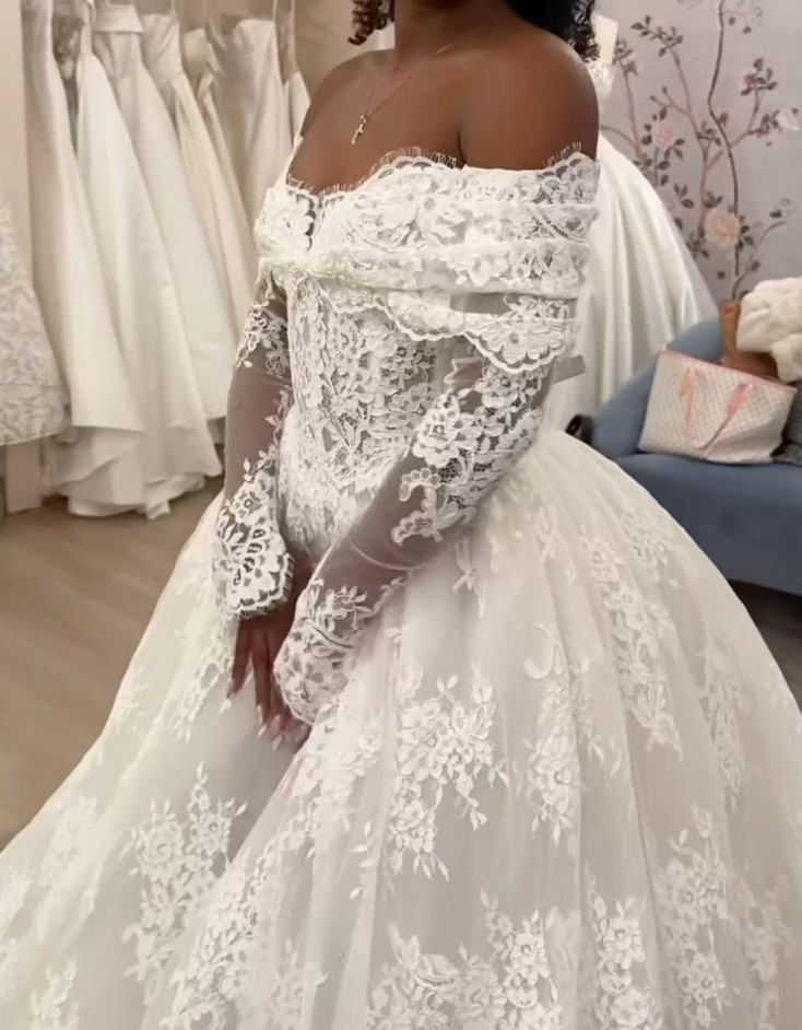 Off Shoulder Lace A-Line Wedding Dress Long Sleeves Lace Bridal Gown