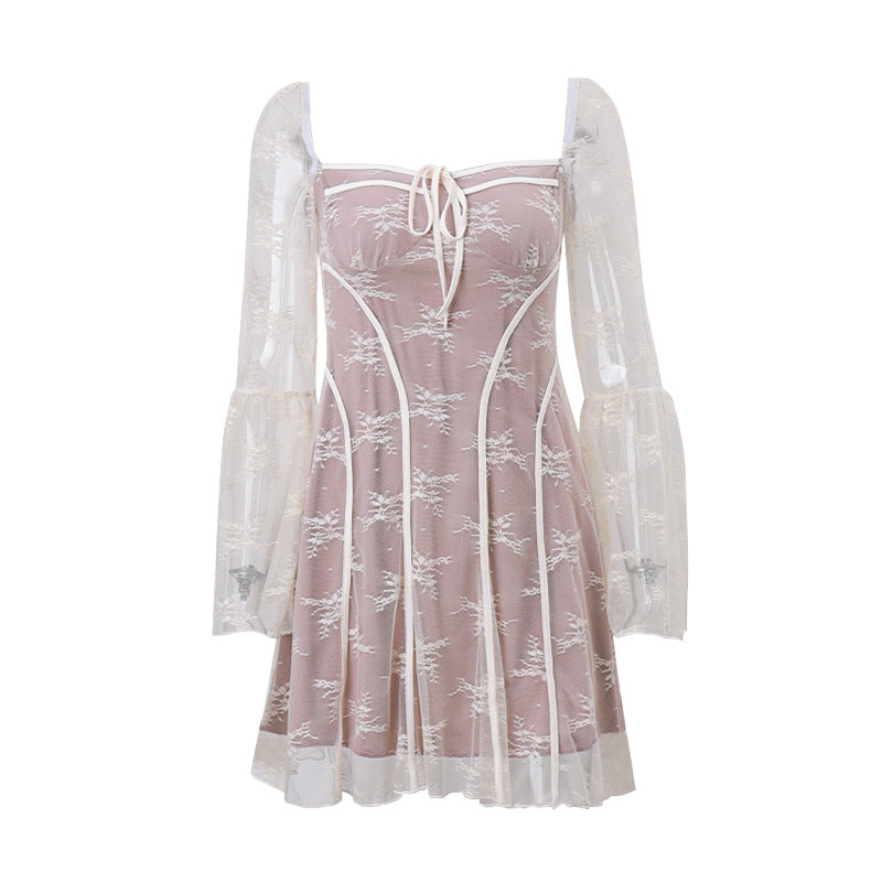 Lace square neck long flared sleeve zip-up ruffle mini dress - View 2