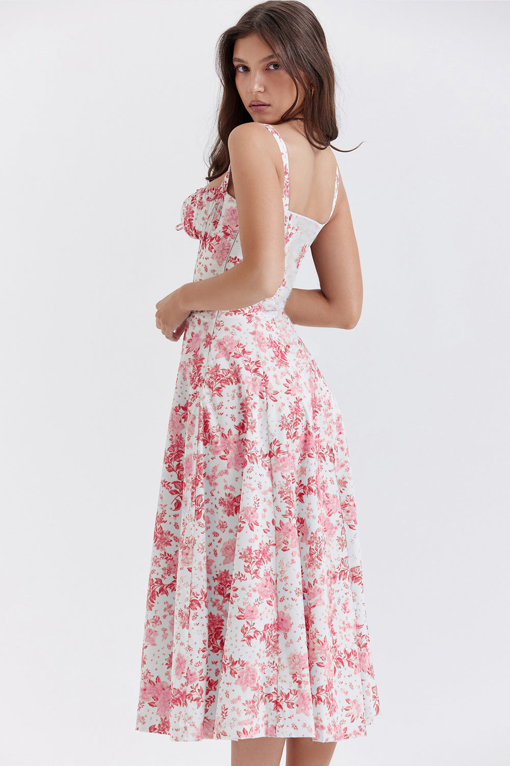 Floral Sweetheart Spaghetti Strap Corset Fit and Flare Midi Dress