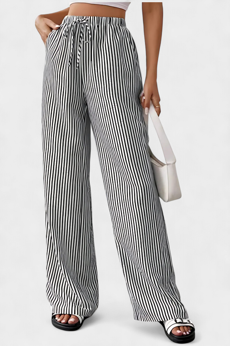 High Waist Drawstring Striped Wide Leg Pants