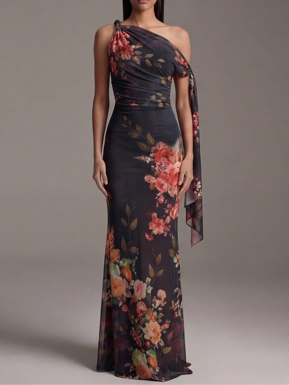 Floral Print One Shoulder Draped Sash Maxi Gown