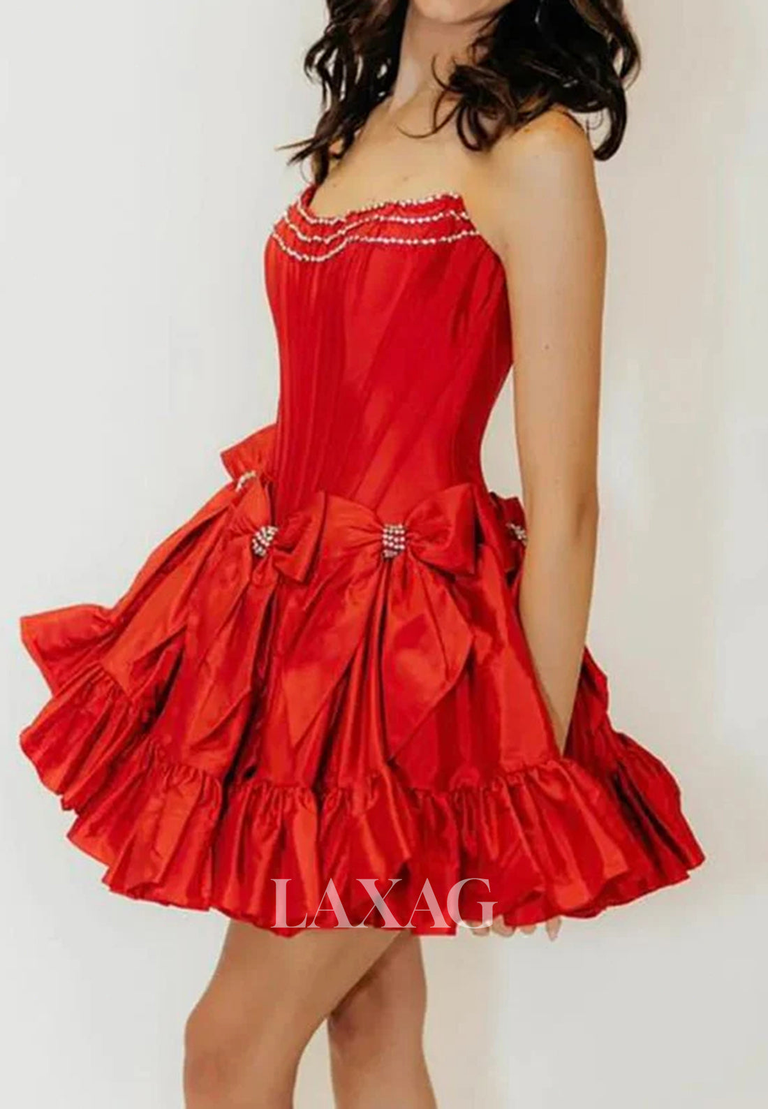 Scoop-Neck Sleeveless Beaded Pleated Satin A-Line Party Homecoming Dress with Bows